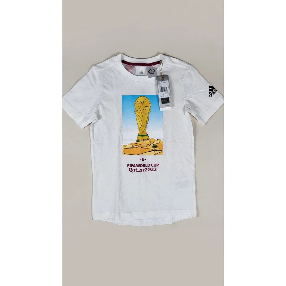 NWT Adidas Youth XS FIFA World Cup Qatar 2022 Trophy Graphic Tee White Cotton